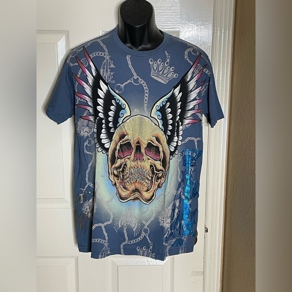 Christian Audigier Other - Christian Audigier Shirt Mens Medium Blue Skull Wings Rhinestone All Over Print 
